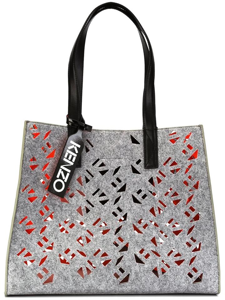 Kenzo 'flying Kenzo' Tote, Women's, Grey, Calf Leather/polyester/rayon