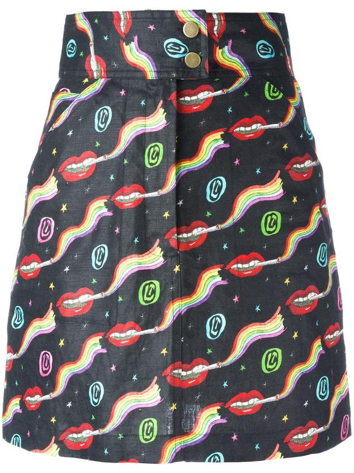 Olympia Le-tan Smoking Lips Print Skirt, Women's, Size: 40, Black, Linen/flax