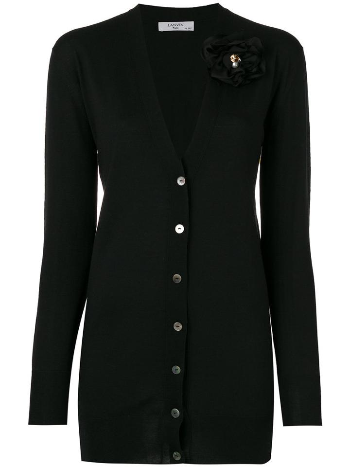 Lanvin Flower Brooch V-neck Cardigan, Women's, Size: Large, Black, Polyamide/polyester/spandex/elastane/glass