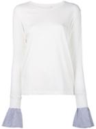 Water - Embroidered Contrast Cuff Top - Women - Cotton - M, White, Cotton