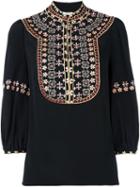 Vilshenko Embroidered Bib Blouse, Women's, Size: 4, Black, Silk