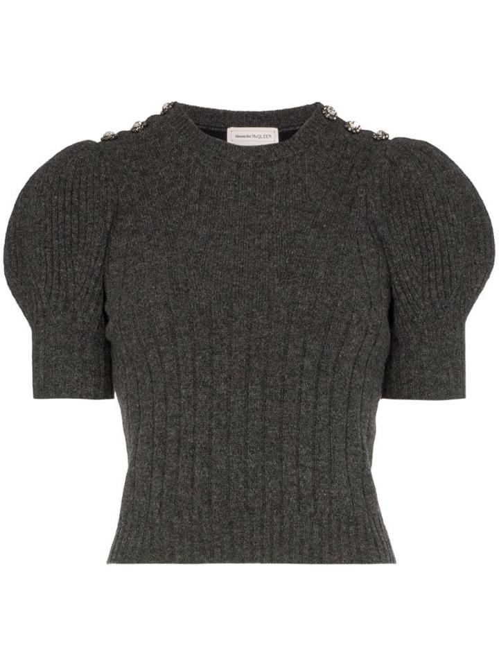 Alexander Mcqueen Puffed-shoulder Knitted Top - Grey