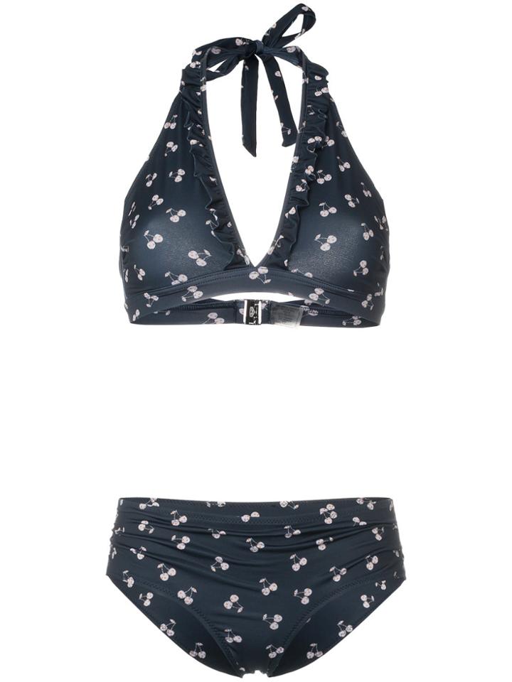 Ganni Blue Cherry Print Ruffle Bikini
