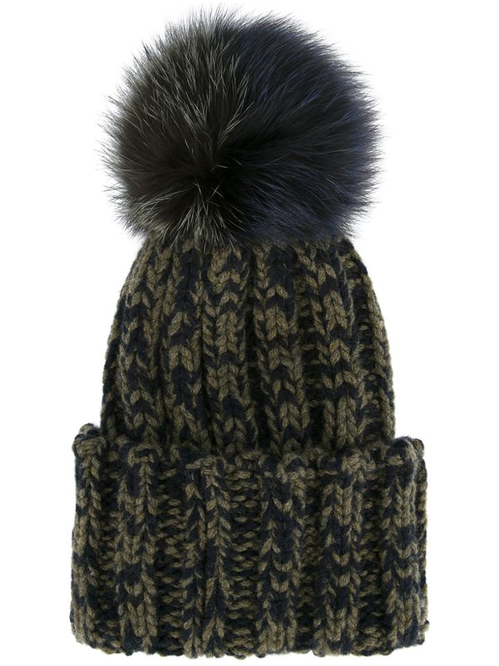 Inverni Ribbed Beanie With Fox Fur Pom Pom - Green