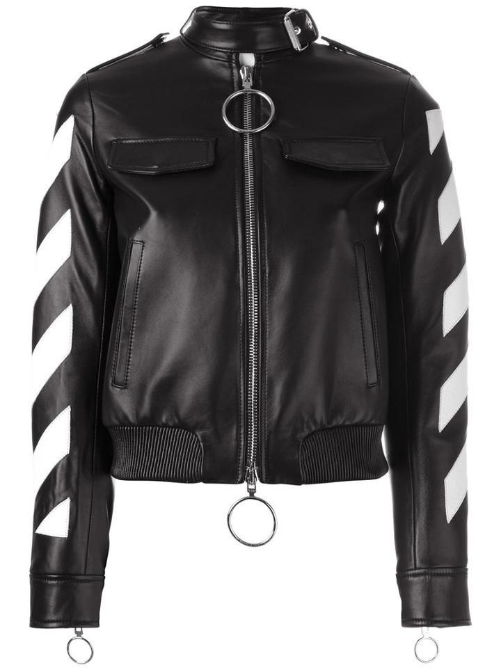 Off-white Contrast Zip Up Jacket, Women's, Size: Medium, Black, Lamb Skin/viscose