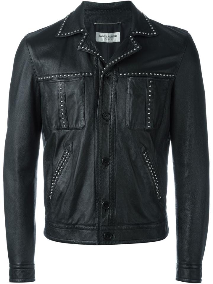 Saint Laurent Studded Leather Jacket, Men's, Size: 50, Black, Lamb Skin/silk