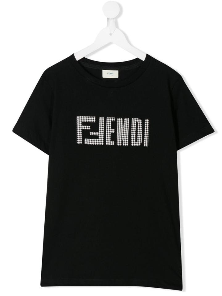 Fendi Kids Teen Houndstooth Check Logo T-shirt - Black