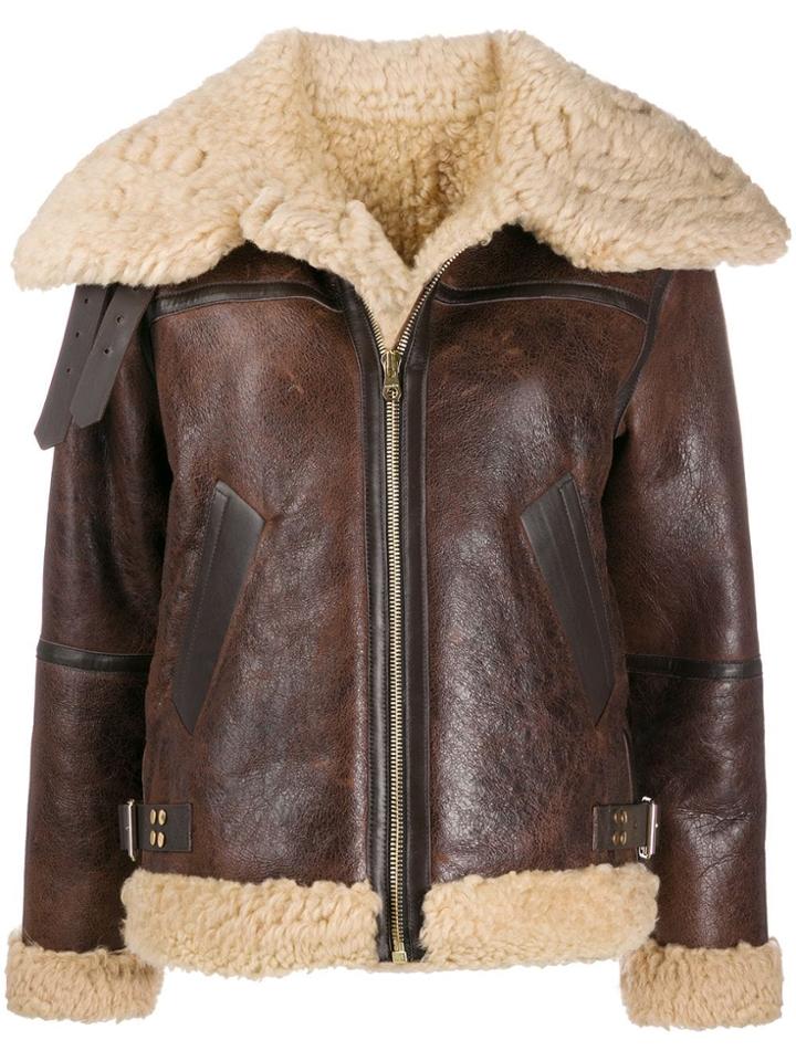 Sandro Paris Shearling Trim Zip-front Jacket - Brown