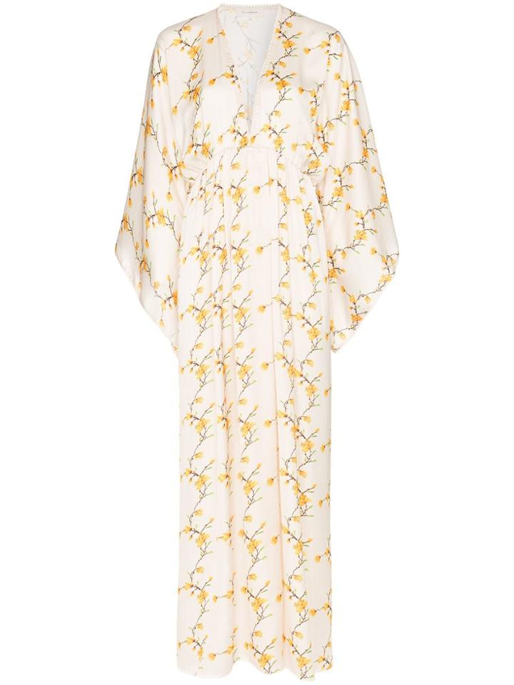 Celia Dragouni Floral Print Pom Pom Trim Dress - White