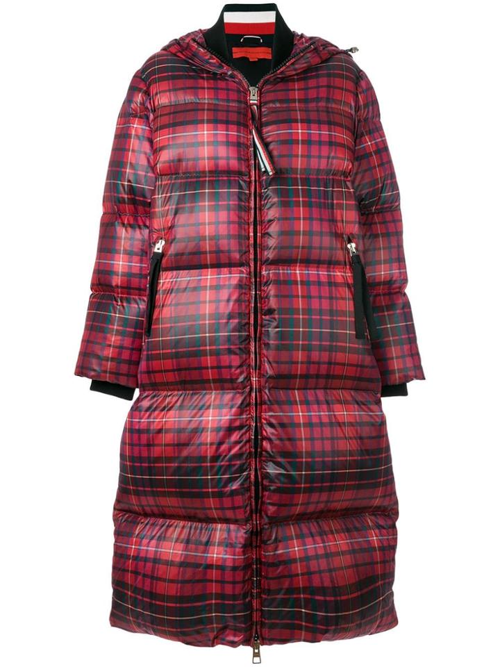 Hilfiger Collection Long Tartan Print Down Coat - Red