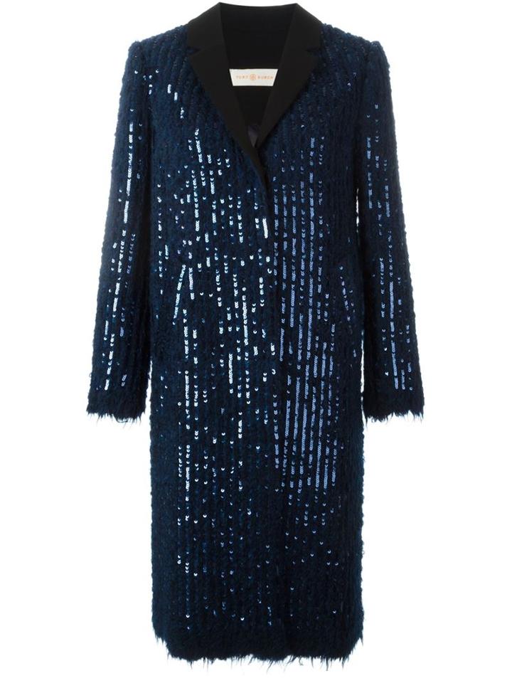 Tory Burch Sequin Embellished Coat, Women's, Size: Xs, Blue, Polyamide/polyester/alpaca