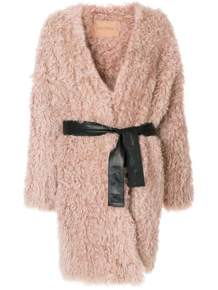 Drome Fluffy Belted Coat - Pink & Purple