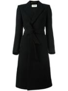Saint Laurent Belted Long Length Coat, Women's, Size: 42, Black, Cotton/cupro/angora/wool