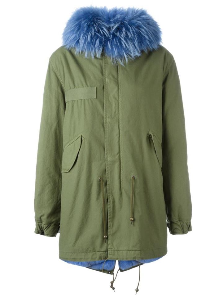 Mr & Mrs Italy Blue Trim Parka Coat, Women's, Size: Small, Green, Cotton/lamb Skin/rabbit Fur/viscose
