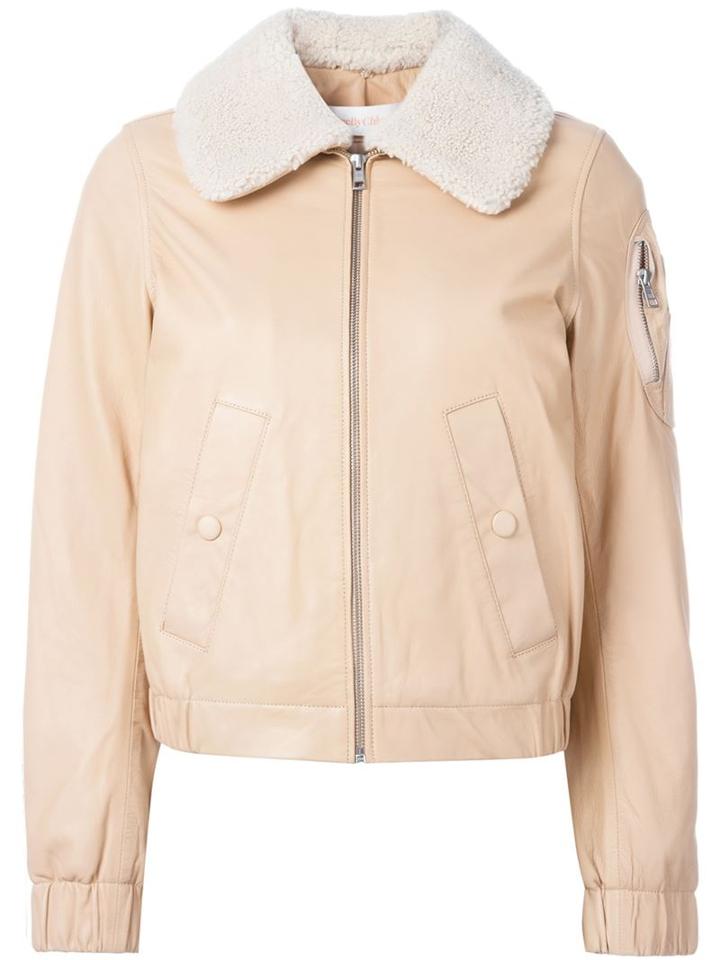 See By Chloé Shearling Collar Aviator Jacket, Women's, Size: 42, Nude/neutrals, Cotton/polyester/sheep Skin/shearling/lamb Skin