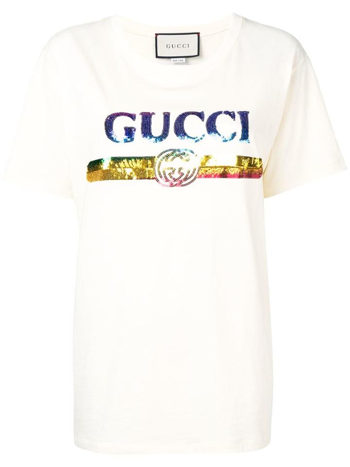 Gucci Logo Sequinned T-shirt - Neutrals