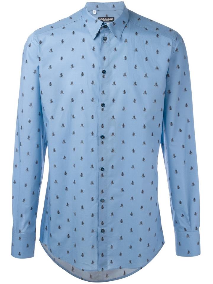 Dolce & Gabbana Bee Print Shirt, Men's, Size: 38, Blue, Cotton
