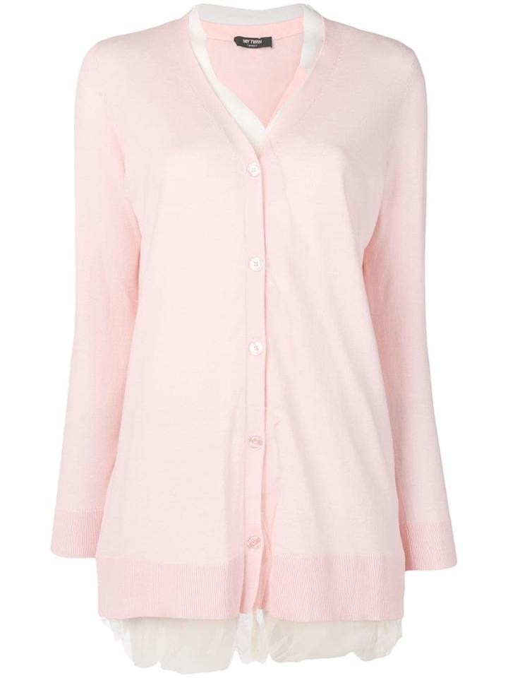 Twin-set Knit Tulle Trim V-neck Cardigan - Pink