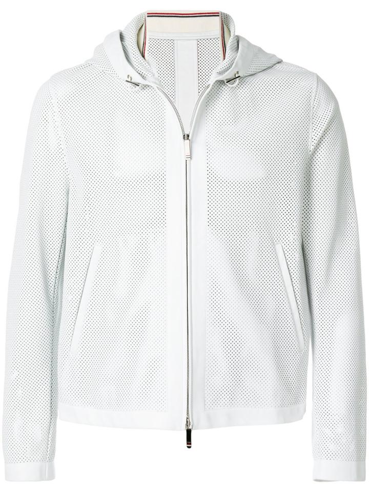 Thom Browne Hooded Zip Up Jacket With Red, White And Blue Intarsia