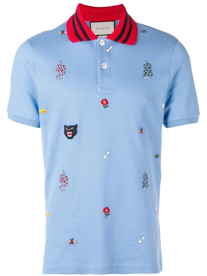 Gucci Patched Motifs Polo Shirt - Blue