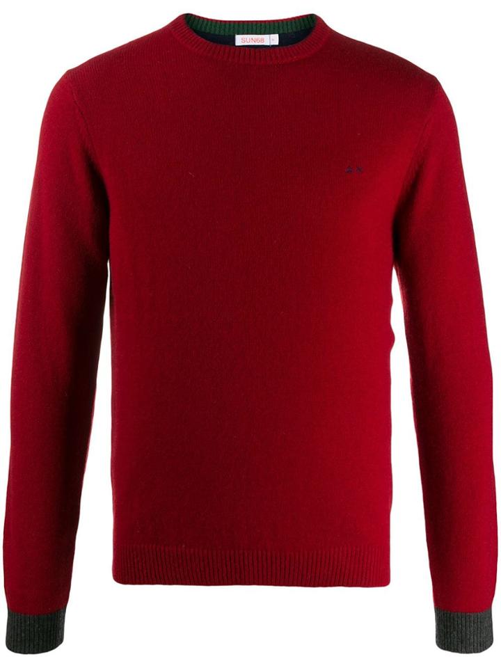 Sun 68 Contrast Cuff Logo Jumper - Red