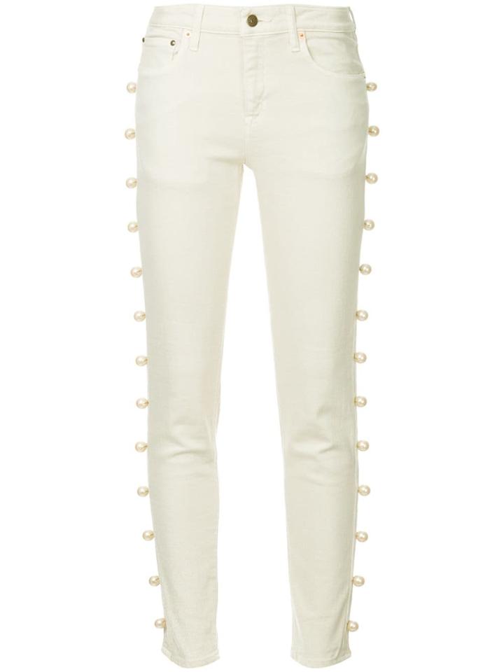 Tu Es Mon Trésor Pearl Embellished Cropped Jeans - White
