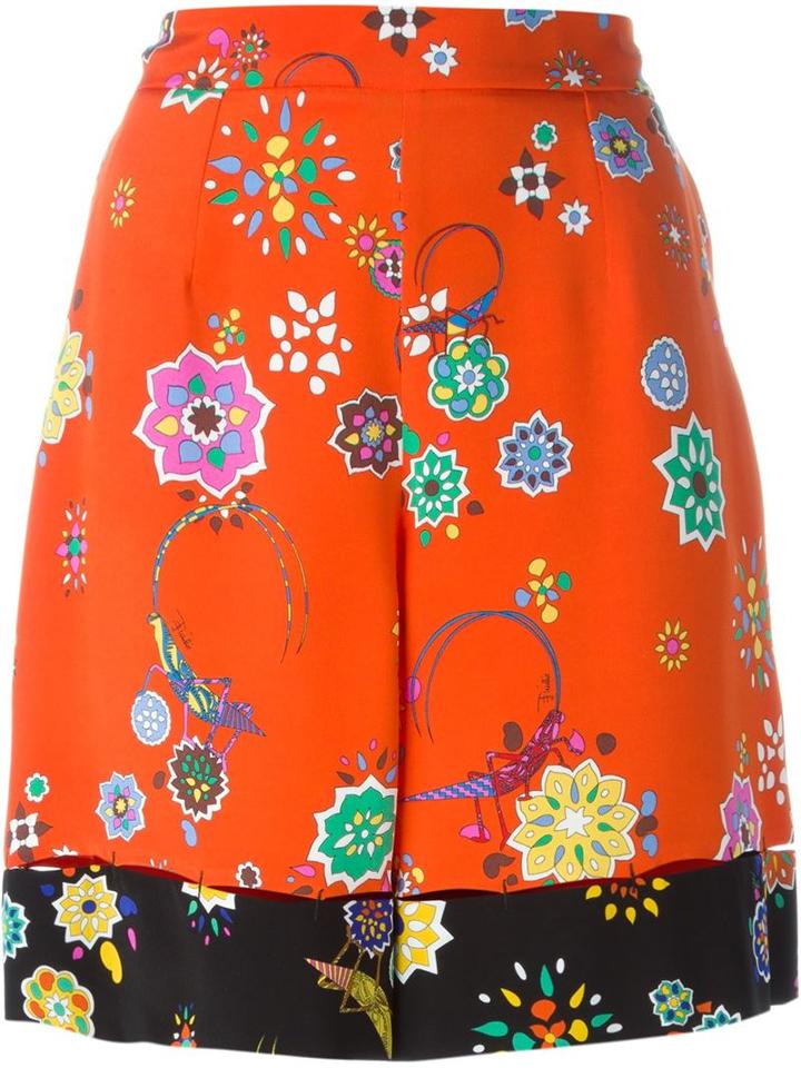 Emilio Pucci Floral Print Shorts, Women's, Size: 46, Yellow/orange, Silk/cupro/spandex/elastane
