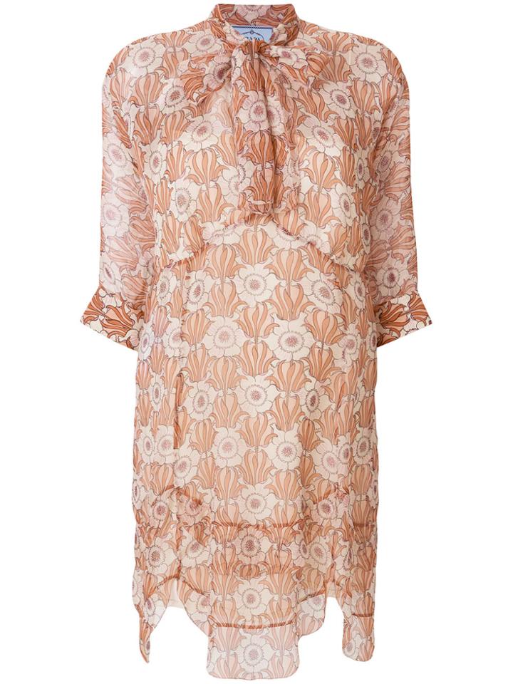 Prada Floral Pussybow Dress - Nude & Neutrals