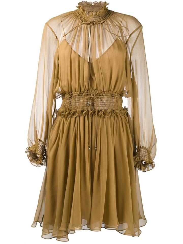 Chloé Smocked Split Neck Dress - Green