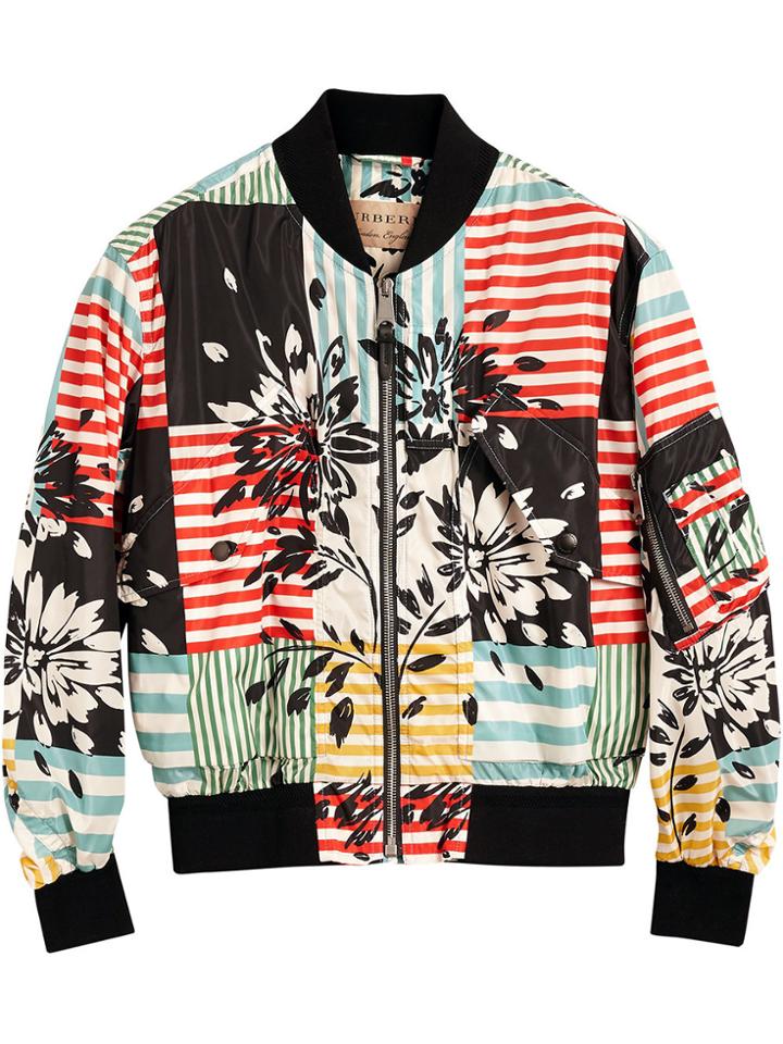 Burberry Floral Stripe Print Bomber Jacket - Blue