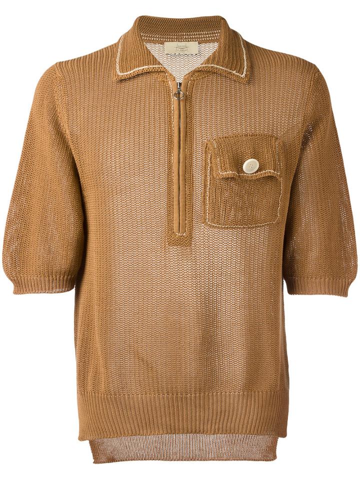 Maison Flaneur Knitted Zip T-shirt, Men's, Size: 50, Brown, Cotton