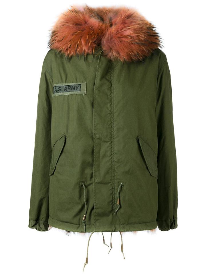 As65 - Oversized Collar Parka - Women - Cotton/leather/rabbit Fur/viscose - Xs, Green, Cotton/leather/rabbit Fur/viscose