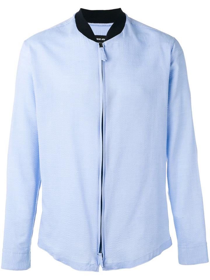Giorgio Armani Band Collar Zipped Shirt, Men's, Size: 42, Blue, Cotton