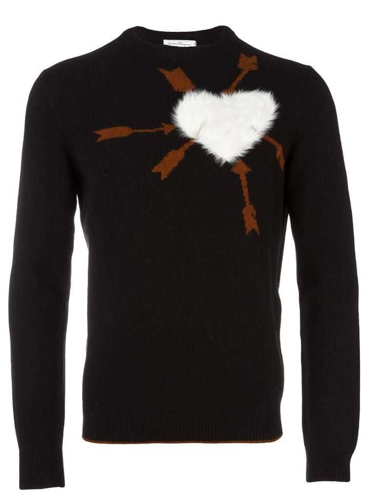 Salvatore Ferragamo Fur Heart Jumper, Men's, Size: Large, Black, Lamb Fur/virgin Wool