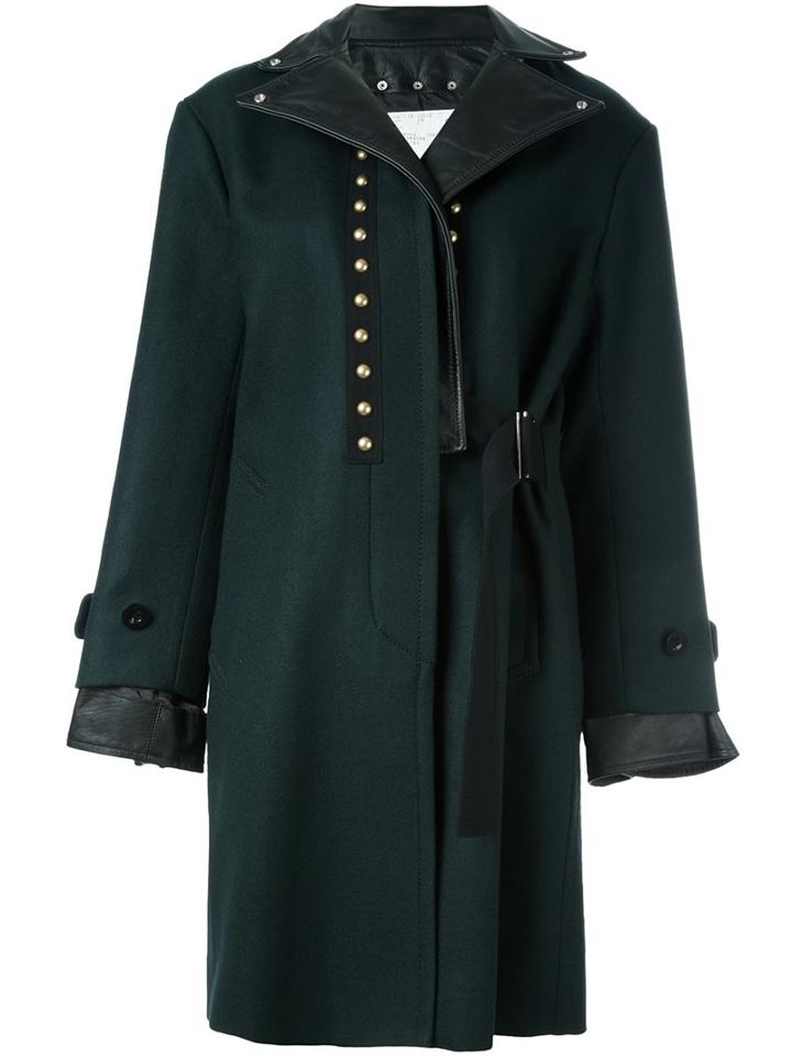 Sacai Studded Leather Trim Coat, Women's, Size: 2, Green, Wool/leather/cupro