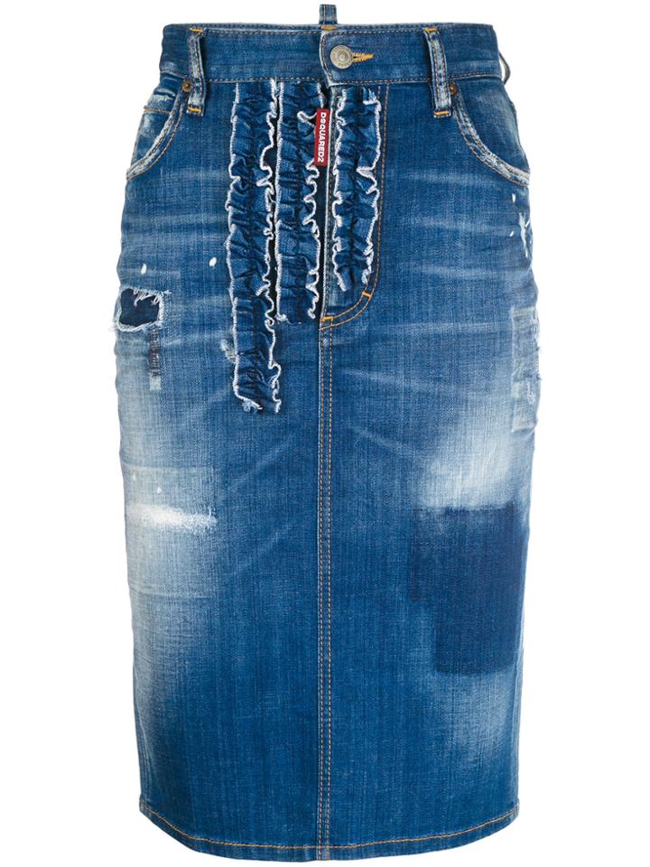 Dsquared2 Ruffle-trimmed Denim Pencil Skirt - Blue