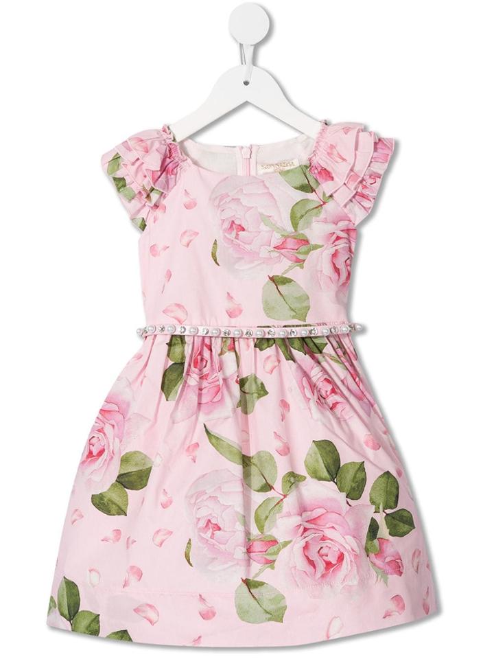 Monnalisa Rose Print Frilled Sleeve Dress - Pink