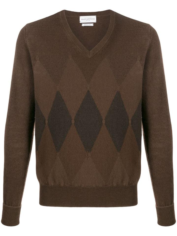 Ballantyne Argyle Knit V-neck Jumper - Brown