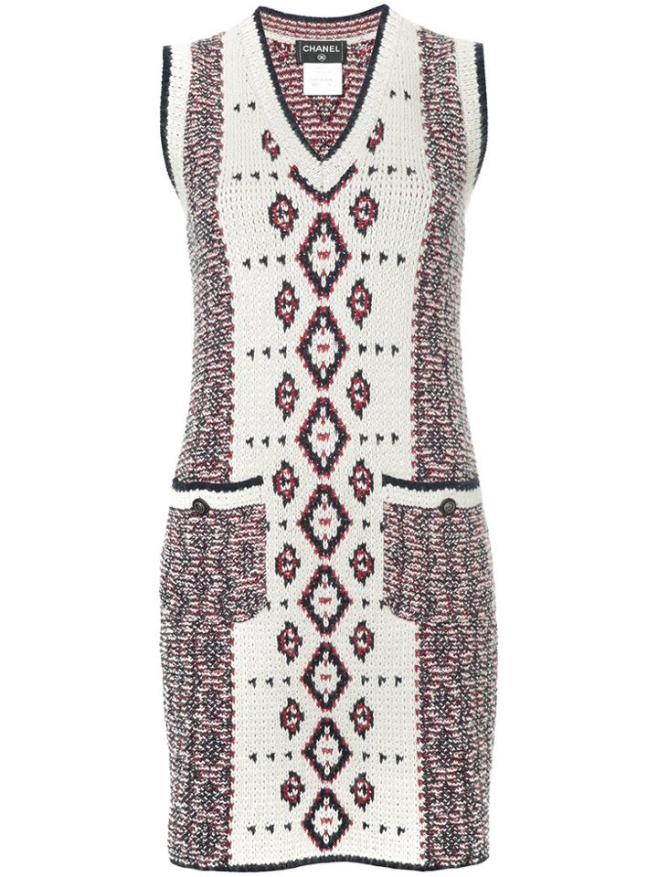Chanel Vintage Patterned Sleeveless Knitted Dress - White