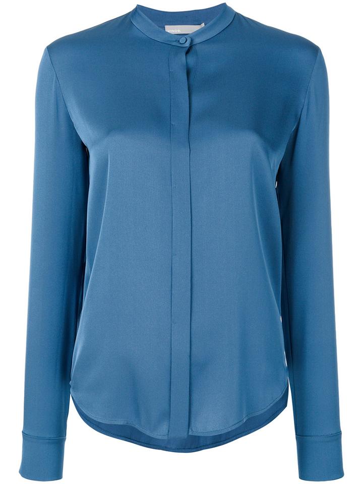Vince - Band Collar Blouse - Women - Silk/spandex/elastane - 6, Blue, Silk/spandex/elastane