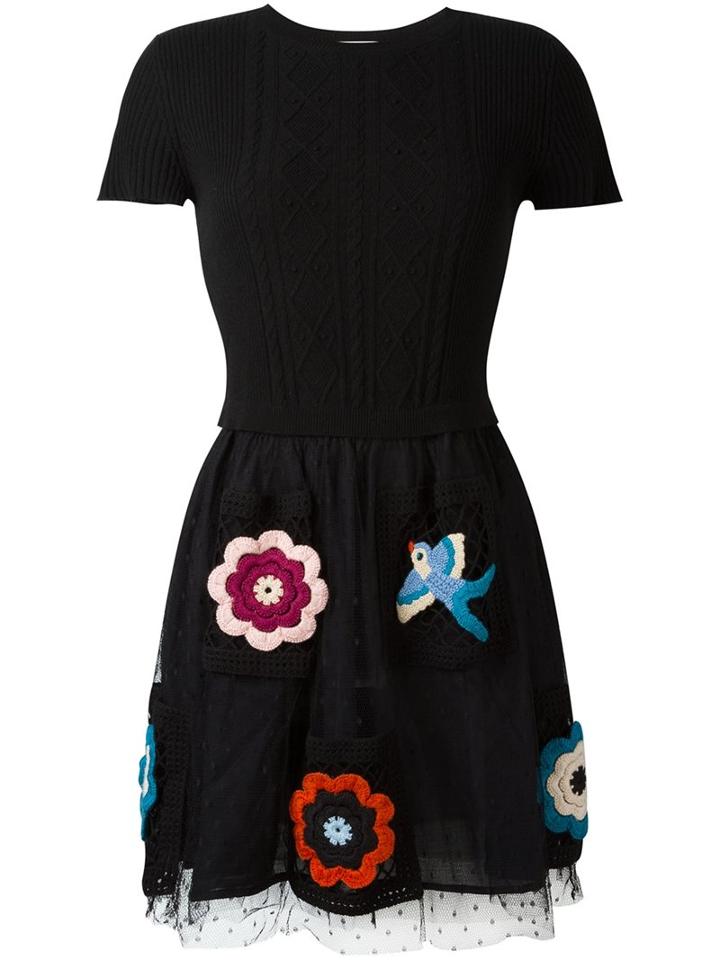 Red Valentino Embroidered Skirt Dress, Women's, Size: Medium, Black, Cotton/polyamide/virgin Wool