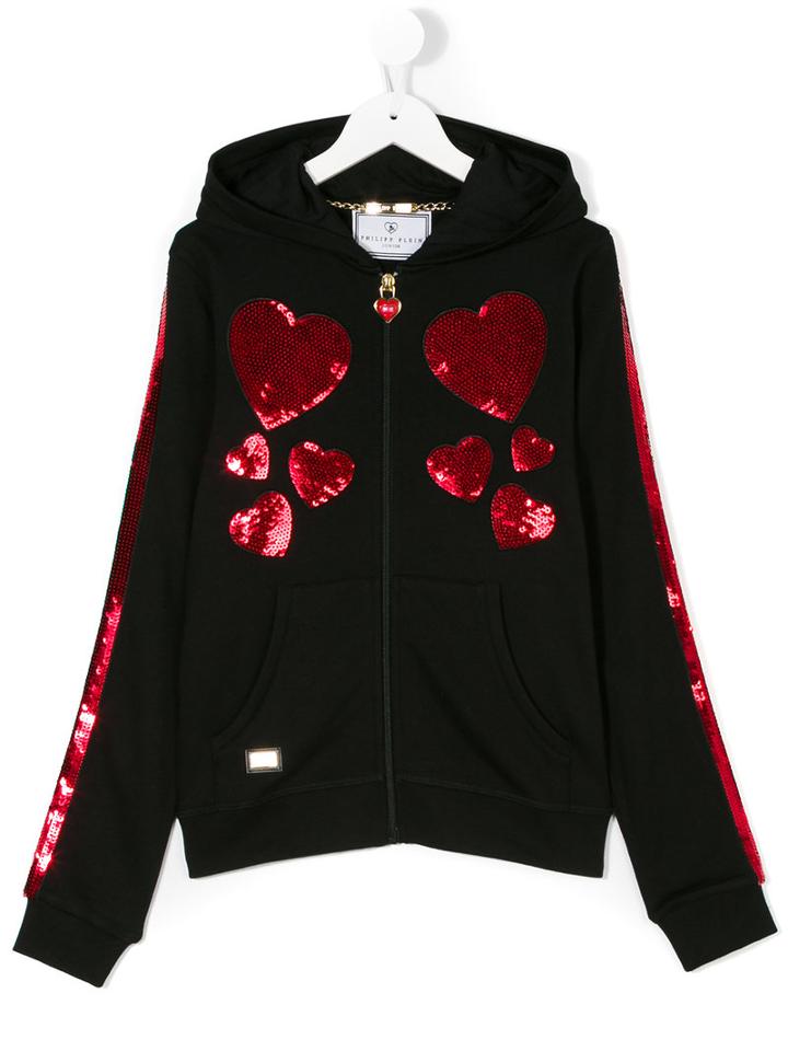 Philipp Plein Kids - Teen Sequin Heart Hooded Jacket - Kids - Cotton/modal - 14 Yrs, Black
