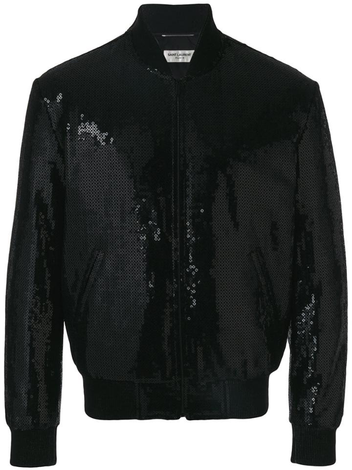 Saint Laurent Sequin Embroidered Bomber Jacket - Black
