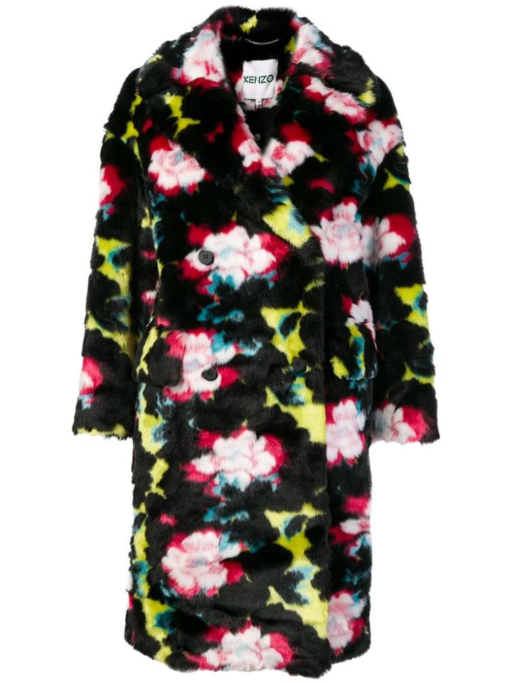 Kenzo Double Breasted Faux Fur Coat - Black