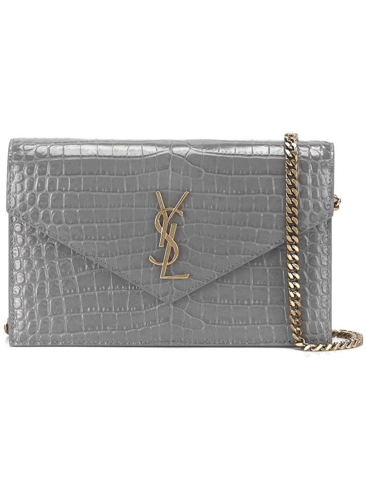 Saint Laurent Monogram Envelope Chain Wallet, Women's, Grey, Calf Leather