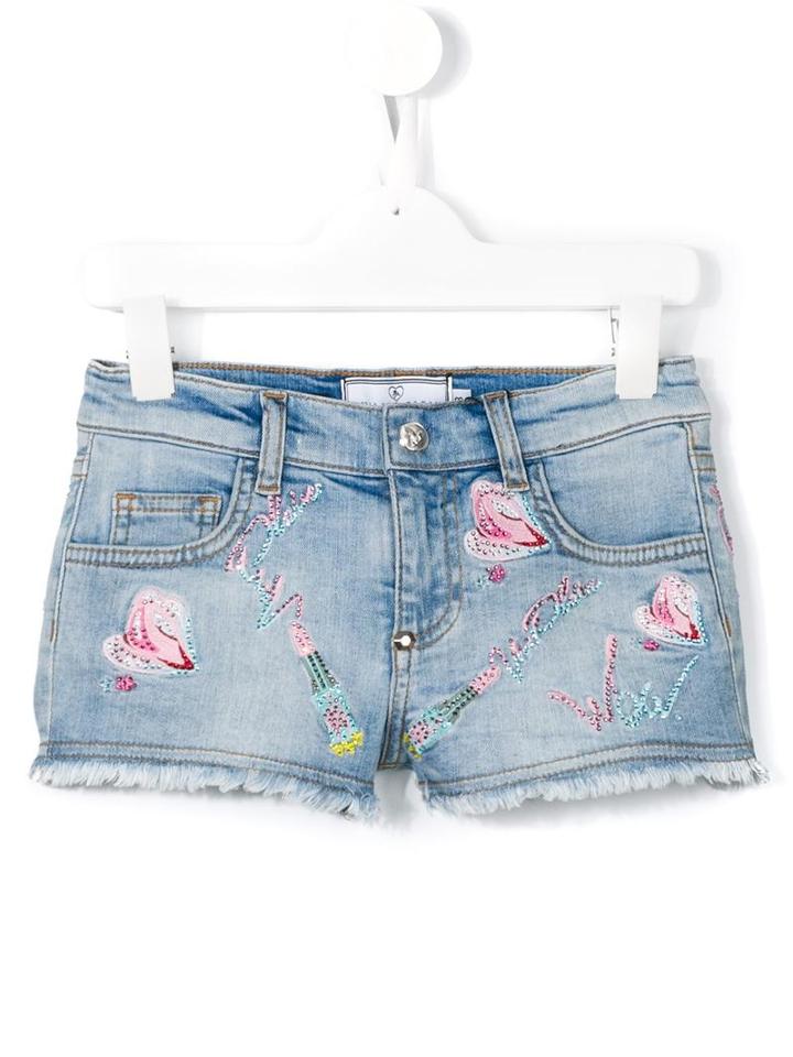 Philipp Plein Kids 'kiss Roses' Denim Shorts, Girl's, Size: 8 Yrs, Blue