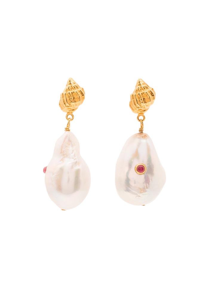 Anni Lu Gold-plated Sterling Silver Baroque Pearl Shell Ruby Earrings