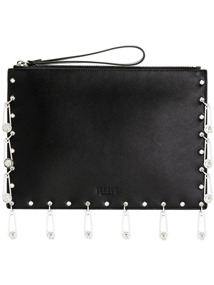 Versus Pin Embellished Clutch, Women's, Black, Calf Leather