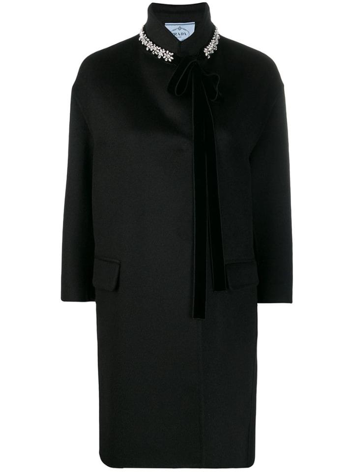 Prada Embellished Funnel Neck Coat - Black