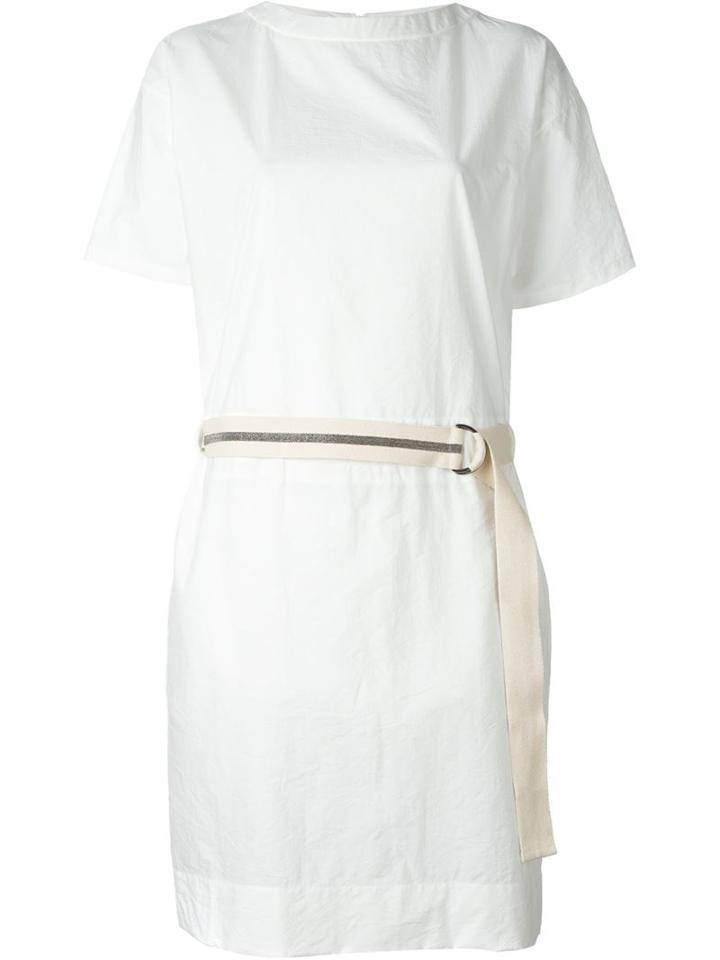 Brunello Cucinelli Belted Shift Dress, Women's, Size: L, White, Cotton/polyamide/brass